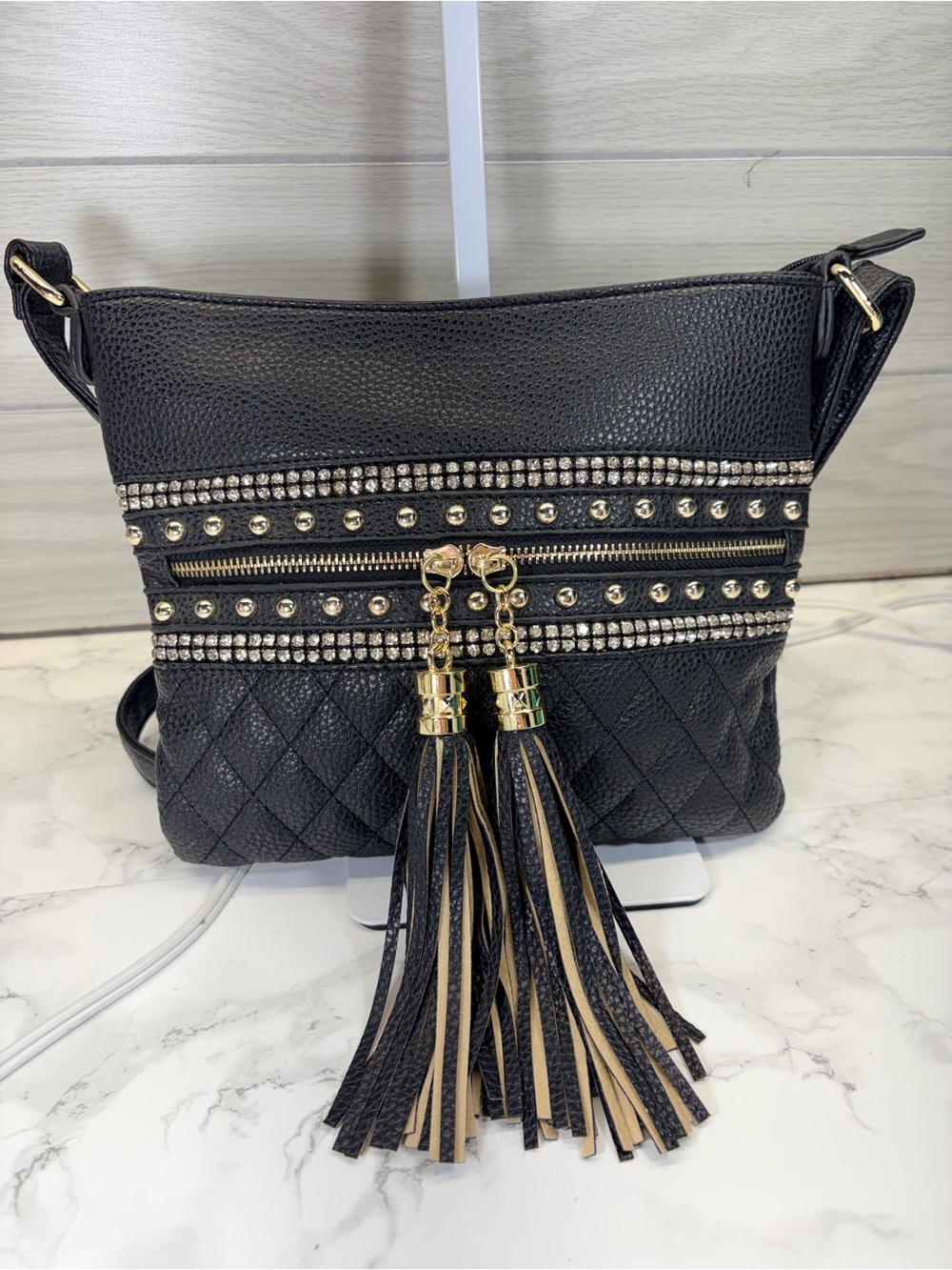 Imoshion Black Studded Tassel Crossbody Bag - Stylish Everyday Women's Bag